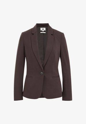 Brauner Blazer in taillierter Form mit Reverskragen, einem Knopfverschluss und zwei vorderen Taschen. Glattes Material ohne sichtbares Muster.