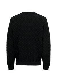 Schwarzer, strukturierten Pullover mit einem 3D-geometrischen Muster, rundem Halsausschnitt sowie gerippten Bündchen und Saum. Weicher Stoff mit lässiger Passform.