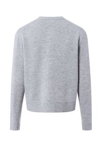 Grijze gebreide sweater met een ronde hals, ribbelboorden en manchet, met een zachte textuur en een ontspannen pasvorm. Alleen de achterkant is zichtbaar.