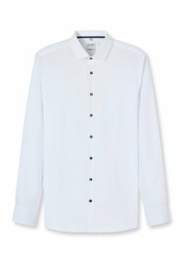 Weißes langärmliges Hemd mit klassischem Kragen, das dunkelblaue Knöpfe an Front und Manschetten aufweist und aus glattem Stoff gefertigt ist.