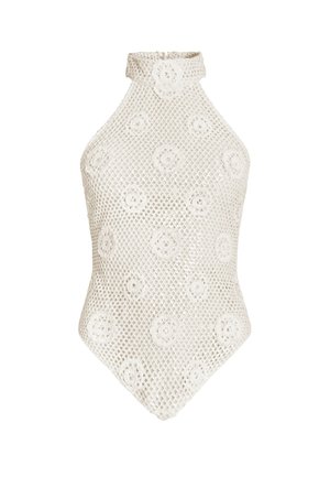 White crocheted halter neck bodysuit with floral patterns and openwork mesh design, featuring a high collar and a fitted silhouette.