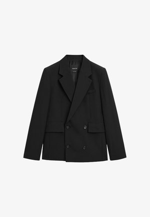 Blazer noir croisé en tissu structuré, avec revers en notch, deux poches avant et six boutons de fermeture.