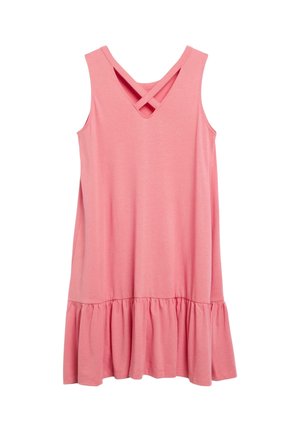 Robe rose sans manches avec ourlet à volants et bretelles croisées dans le dos, en tissu doux. Pas de motifs ou décorations visibles.