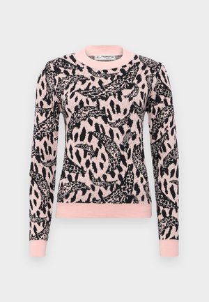 Maglione lavorato a maglia in rosa con stampa astratta a leopardo nera. Presenta un collo rotondo e polsini e orlo a coste. Tessuto morbido e textured.