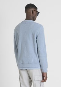 Sudadera de forro polar azul claro con detalles texturizados y puños acanalados. Modelo mostrado de espaldas, vistiendo pantalones cargo de color claro.