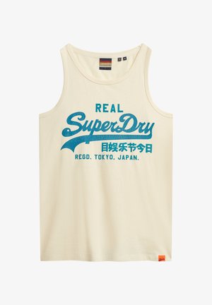 Débardeur crème à coupe décontractée, avec un imprimé texturé bleu qui indique "REAL SuperDry" et une étiquette orange sur l'ourlet.