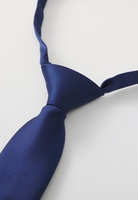 Cravate bleu marine en soie lisse, présentant un design classique avec une extrémité pointue et une section nouée pour un nouage facile.