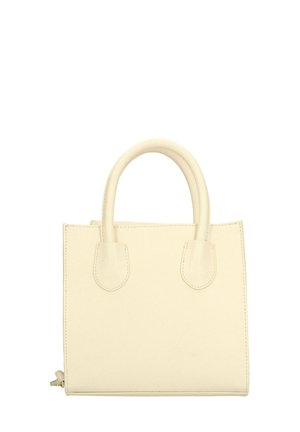 Borsa a mano in pelle crema con due manici corti, forma strutturata e dettagli cuciti. Presenta una chiusura con zip sul lato.