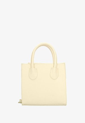 Borsa a mano in pelle crema con due manici corti, forma strutturata e dettagli cuciti. Presenta una chiusura con zip sul lato.