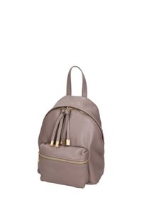 Zaino in pelle grigio chiaro con design arrotondato, dotato di un ampio scomparto principale con zip, tasca frontale e dettagli in zip dorati.