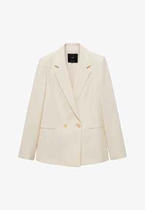 Double-breasted blazer in cream, featuring a notched collar, two front pockets, and button closure. Made of smooth fabric with a structured fit.