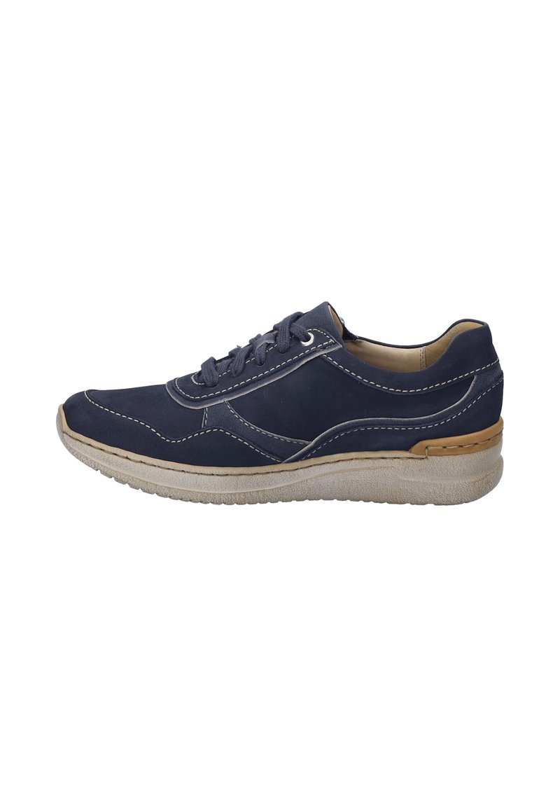 Dunkelblaues Sportschuh mit glattem Wildledermaterial, Gummisohle, weißen Nähten und einem flachen Design. Schnürsenkel vorne.