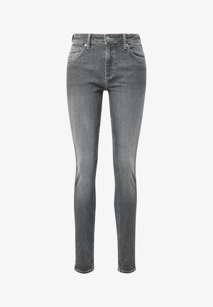 Grijze denim skinny jeans met een klassiek ontwerp met vijf zakken, voorzien van een knoopsluiting en subtiele wassing op de stof.
