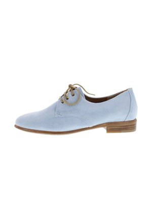 Helleblaue Wildleder-Oxford-Schuhe mit runder Zehenform, geschnürtem Vorderteil und einem mittelhohen braunen Absatz. Glatte Textur mit minimalen Nähdetails.