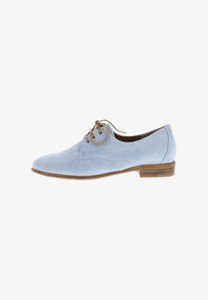 Light blue suede oxford shoes with a rounded toe, laced front, and a medium-height brown heel. Smooth texture with minimal stitching details.