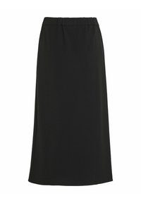 Zwarte midi-rok met een elastische tailleband, gemaakt van een soepele stof. Eenvoudig ontwerp, rechte vorm, geen zichtbare patronen of versieringen.
