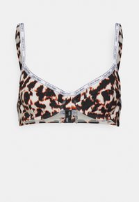 Bralette da Calvin Klein com padrão animal apresenta uma combinação de cores em preto, castanho e creme. Alças ajustáveis com detalhe do logo e fecho frontal.