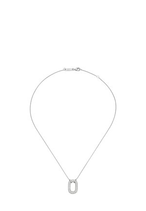 Silver chain necklace with an oval, diamond-encrusted pendant and a lobster clasp closure.