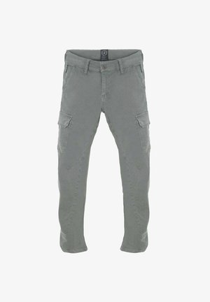 Cargo broek van grijze stof, met een rechte pijp, meerdere zijzakken en een standaard tailleband met een knoopsluiting.