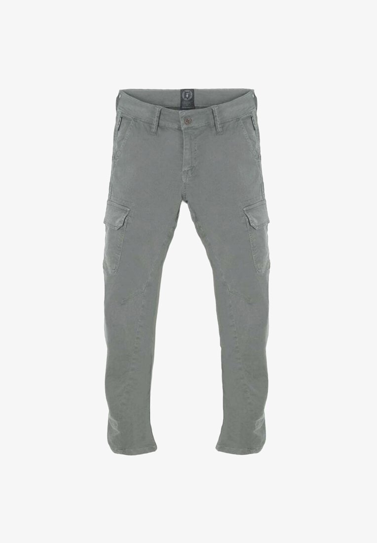 Cargo broek van grijze stof, met een rechte pijp, meerdere zijzakken en een standaard tailleband met een knoopsluiting.