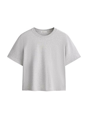 Svijetlo siva pamučna majica kratkih rukava s okruglim izrezom, prikazana ravno na bijeloj pozadini.