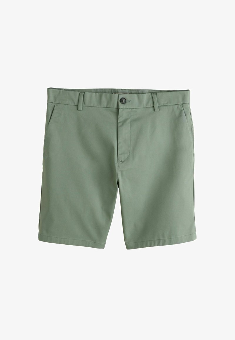 Shorts décontractés pour hommes de couleur vert clair, avec passants de ceinture, fermeture avant à bouton, poches latérales et ourlet droit.
