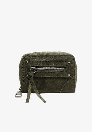 Small olive green suede wallet with front zipper pocket and leather pull tabs on a white background.