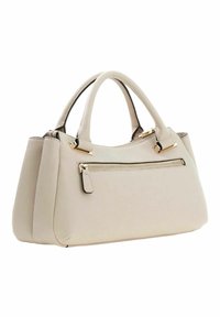 Sac à main structuré beige en cuir texturé avec double poignées, fermeture éclair supérieure et une poche zippée frontale avec des accents de quincaillerie dorée.