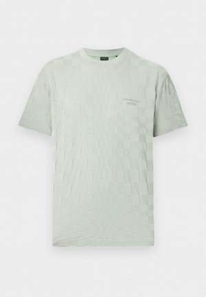 Ανοιχτό πράσινο T-shirt με κοντό μανίκι, διακριτικό καρό μοτίβο και μικρό ανάγλυφο λογότυπο στο αριστερό στήθος, με στρογγυλή λαιμόκοψη.