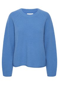 Lyseblå strikket sweater med ribbet tekstur, rund udskæring og drop skulder. Har et afslappet fit og hip-længde kant.