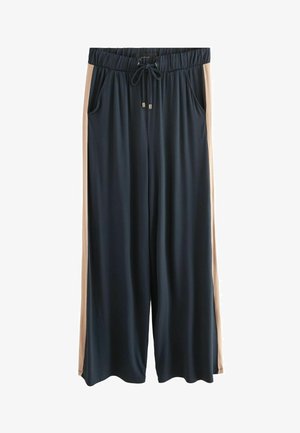 Námornícké modré široké nohavice s béžovými bočnými panelmi, so širokým elastickým pásom, šnúrkou a vreckami. Mäkká, ľahká tkanina.