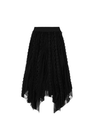 Μαύρη ασύμμετρη μίντι φούστα με στρώσεις δαντέλας και κάθετες ρίγες από τούλι, με εφαρμοστή μέση.