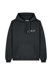 Felpa nera con cappuccio in cotone, dotata di tasca frontale, polsini e orlo a costine, e testo in bianco "liberté" sul petto.