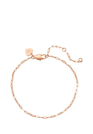 Zarter Armband aus Roségold mit kleinem herzförmigem Anhänger und Karabinerverschluss auf weißem Hintergrund.