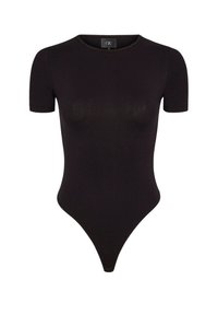 Zwarte short-sleeve bodysuit van rekbaar materiaal met een ronde halslijn en een thong onderkant. Glad oppervlak en een strakke pasvorm.