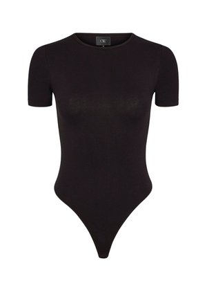Bodysuit noir à manches courtes en matière extensible avec un col ras du cou et un bas en string. Texture lisse et design ajusté.