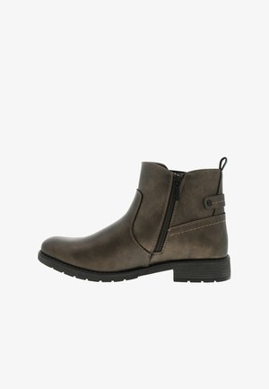 Botte de cheville marron en matériau simili cuir, dotée d'une fermeture éclair sur le côté, d'accents cousus et d'un petit talon carré. Design simple, texture lisse.