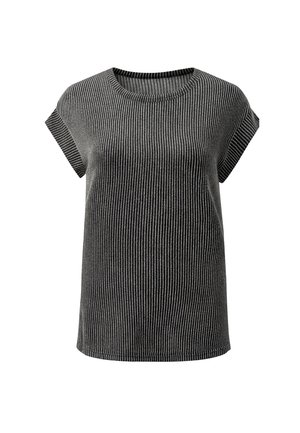 Schwarzes und graues, vertikal gestreiftes Stricktop mit kurzen Ärmeln, rundem Ausschnitt und Bündchen an den Ärmeln.