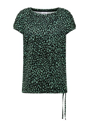 Top corto nero a maniche corte con motivo astratto verde, scollatura rotonda, spalle arricciate e lacci regolabili all'orlo.