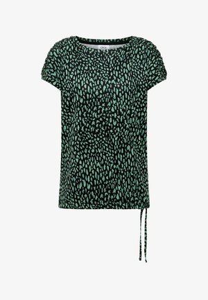 Sort kortærmet top med grønt abstrakt mønster, rund halsudskæring, gathered skuldre og justerbare snore i kanten.