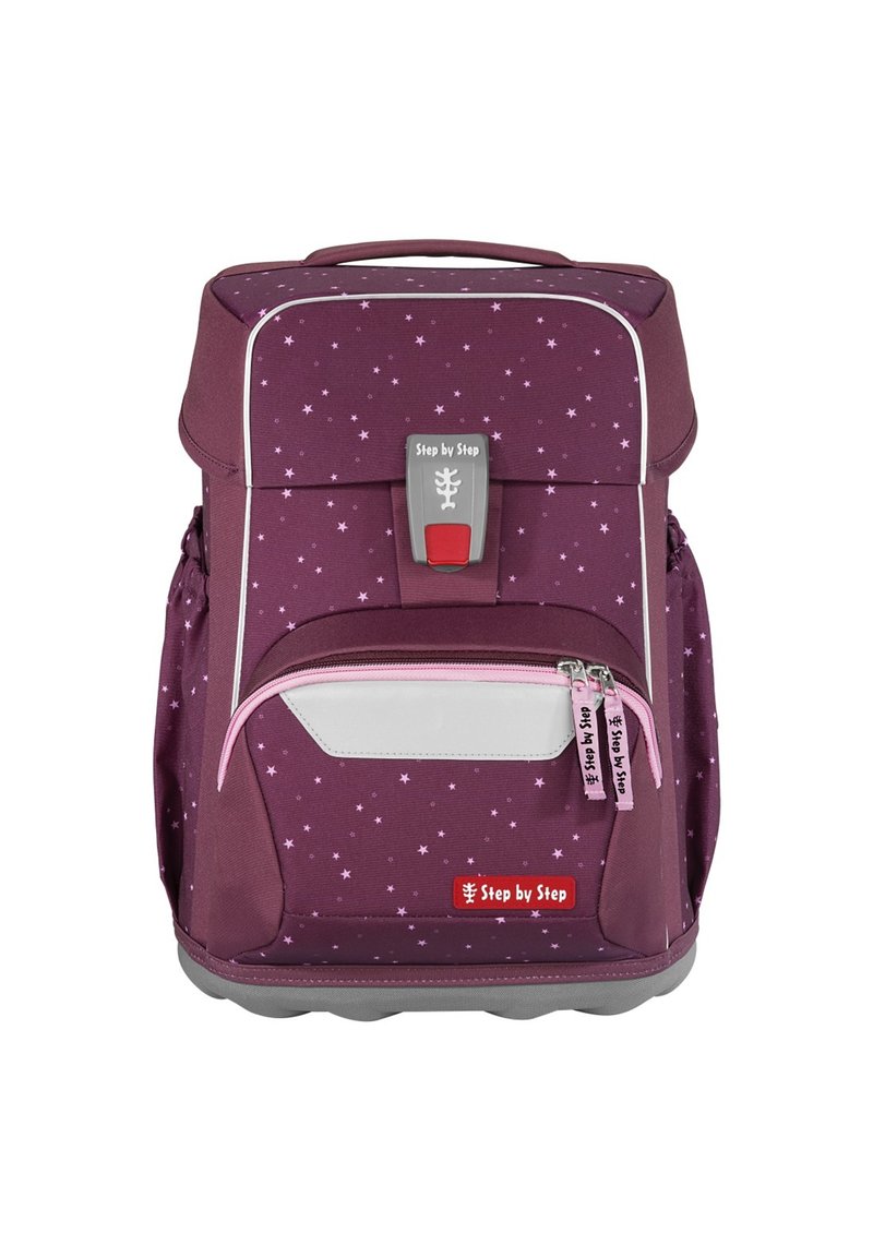 Lila Rucksack mit Sternenmuster, Vordertasche mit pinkem Reißverschluss, graue Akzente, stabiler Griff und rotes Logo. Langlebiges Material, modernes Design.