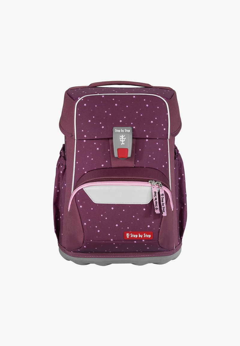 Lila Rucksack mit Sternenmuster, Vordertasche mit pinkem Reißverschluss, graue Akzente, stabiler Griff und rotes Logo. Langlebiges Material, modernes Design.