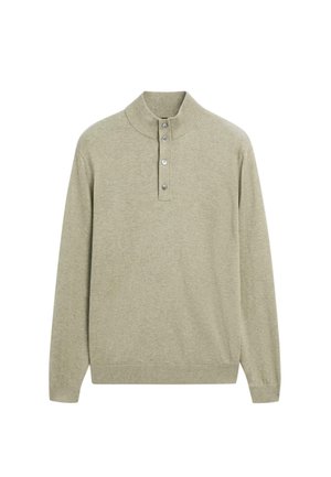 Light green pullover with a high collar, five-button placket, and long sleeves. Made of soft, textured fabric with ribbed cuffs and hem.