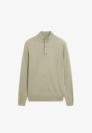 Lys grøn pullover med høj krave, fem-knaps lukning og lange ærmer. Fremstillet af blødt, tekstureret stof med ribbede manchetter og kant.