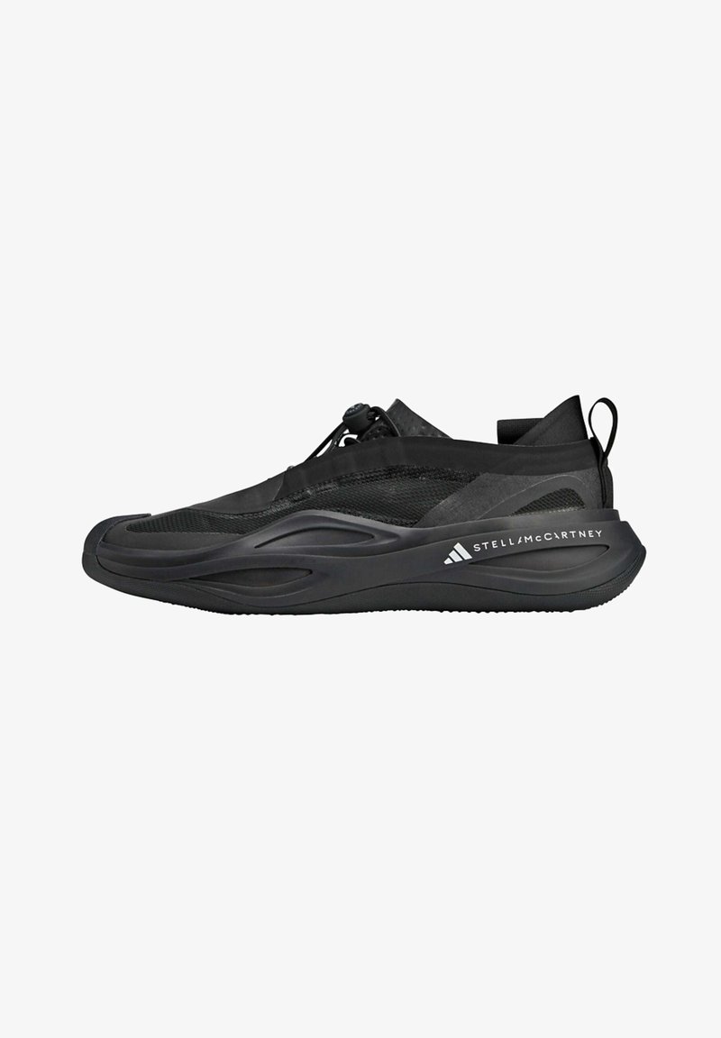 Black athletic shoes with a mesh upper, sleek design, round toe, plastic sole, and adjustable lace toggles for a secure fit.