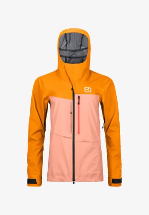 Orange and pink waterproof jacket with a hood, featuring a front zipper and two zippered pockets. Lined interior with black accents.