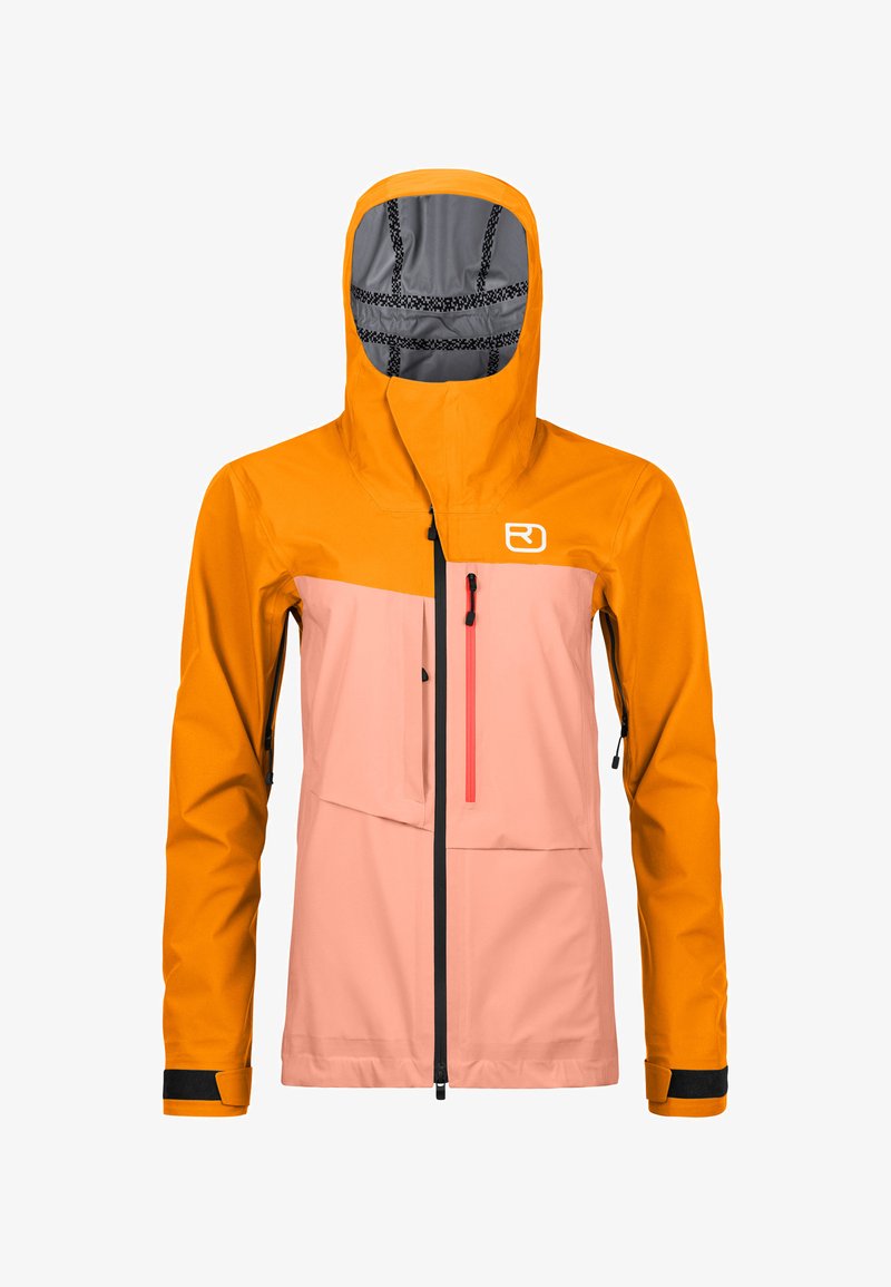 Orangene und pinke wasserdichte Jacke mit Kapuze, ausgestattet mit einem Frontreißverschluss und zwei Reißverschlusstaschen. Gefüttertes Innenfutter mit schwarzen Akzenten.