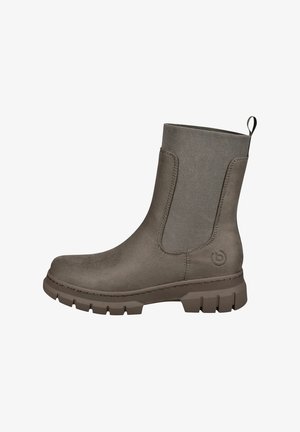 Brauner Knöchelhoher Stiefel mit elastischen Seitenteilen, strukturiertem Obermaterial und grober Gummisohle. Verfügt über eine Schlaufe an der Rückseite für einfaches An- und Ausziehen.
