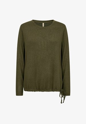 Olīvu zaļš krekls ar garām piedurknēm, izgatavots no mīksta auduma, ar apaļu kakla izgriezumu, aukliņu apakšmalā un brīvu piegriezumu.