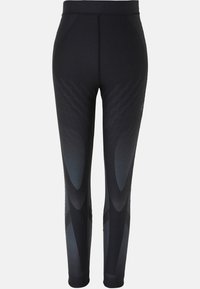 Leggings de sport noirs présentant des motifs texturés en dégradé de gris foncé, avec une taille haute et des chevilles resserrées.